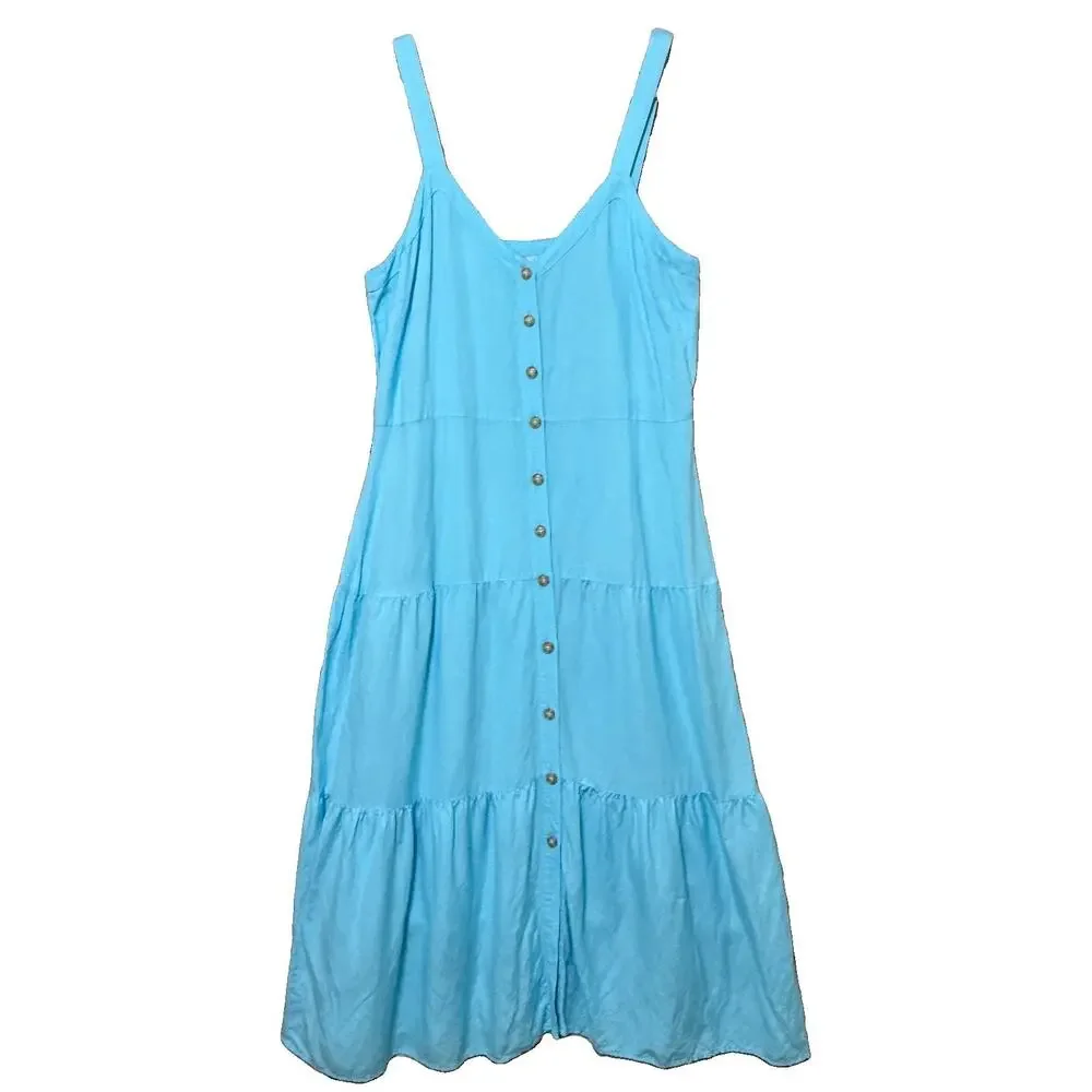 Loft Tiered Linen Blend Sundress Women’s Size 14 Aqua Blue Button Front Midi EUC